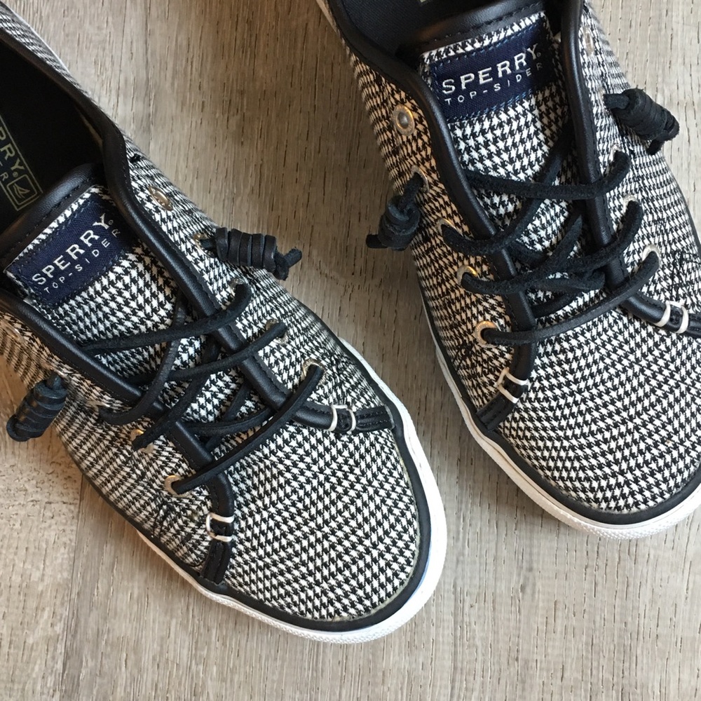 SPERRY Womens Slide slip On Boat shoe sneaker Black & White Houndstooth Size 9